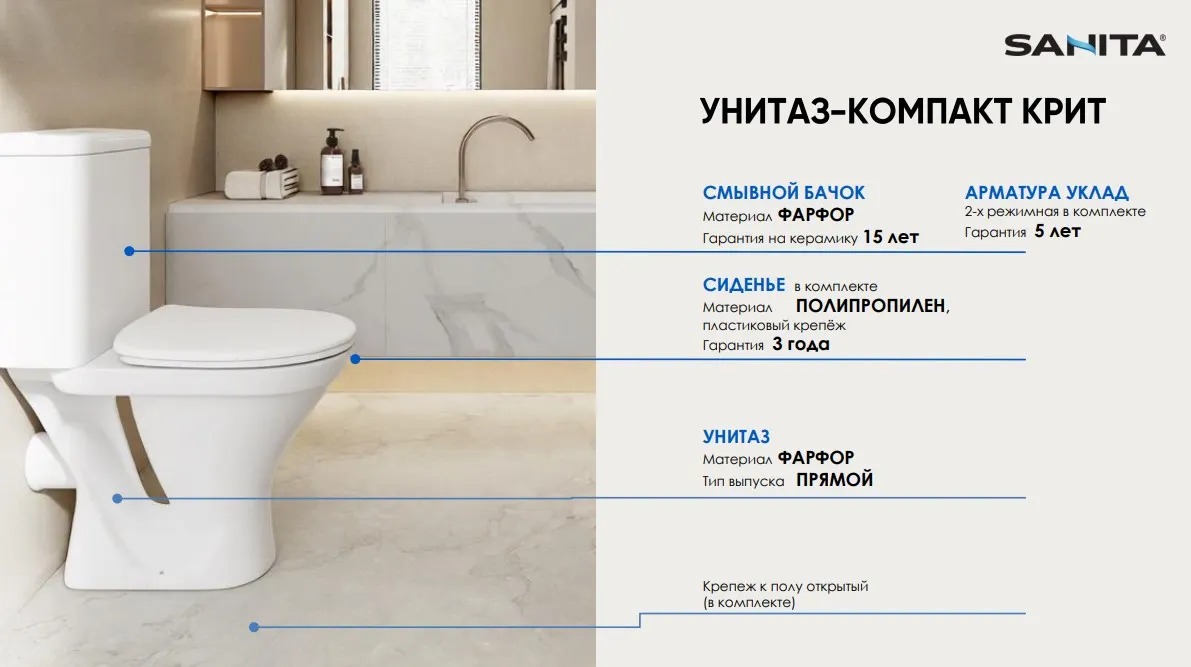 Унитаз-компакт Sanita Крит с прямым выпуском, 2 режима, сиденье из полипропилена (WC.CC./Krit/2-P/WHT.G/S1)