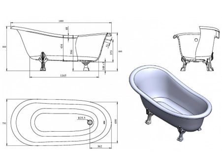Ванна из искусственного камня Astra Form Роксбург 170x82x65 на белых ножках - фото 23